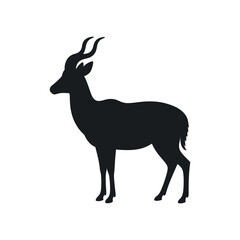 Elegant Black Silhouette of a Male Kudu Antelope with Majestic Horns Standing Gracefully on a White Background in a Minimalist Vector Illustration