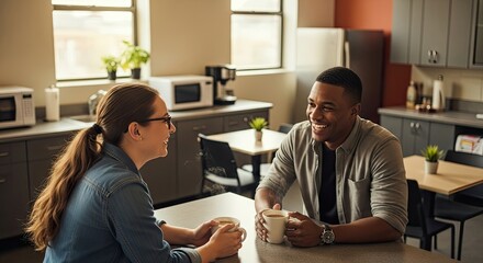 Two Colleagues Conversing And Smiling Over Coffee In A Bright Office Kitchen