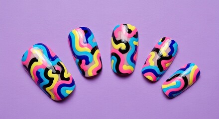 Close up studio shot of manicured nails. Each nail showcases a vibrant design of swirling lines in various colors. All set against a purple background.