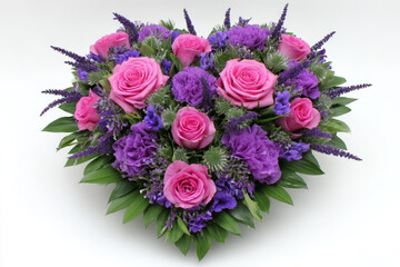 Pink and Purple Heart Funeral Flowers - Heart-shaped funeral arrangement featuring pink roses, purple carnations, and lavender accents. A beautiful tribute of love and remembrance