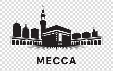 Fototapeta premium Mecca Skyline Silhouette with Kaaba – Islamic Holy City Landmark Vector