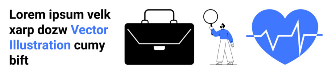 Briefcase, person holding magnifying glass studying, and heart with heartbeat line. Ideal for technology, business, health, research, analytics, education and simple landing page