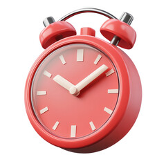 A close up of a red alarm clock with white hands and a transparent face on a black background render