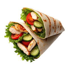 Two chicken wraps with lettuce tomato and cucumber stacked on top of each other on a black background