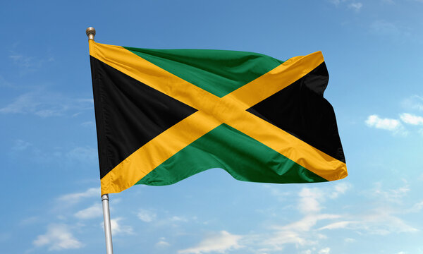 Jamaican flag with diagonal cross in sky