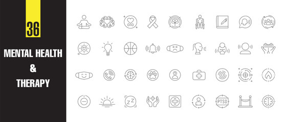 Mental Health & Therapy Line Icon Set  Minimal Vector Icons of Wellness, Counseling, Psychology, Emotions, Brain Care & Self-Care Tools in Outline Style