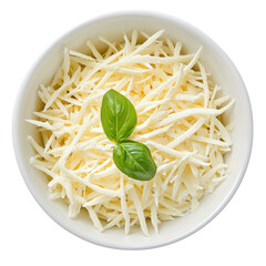 A bowl filled with shredded cheese and garnished with fresh basil leaves on a black background view from above