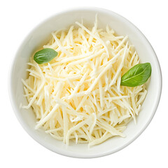 A white bowl filled with shredded cheese and two small basil leaves on top of the cheese shreds close up