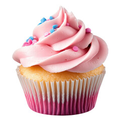 A cupcake with pink frosting and blue and pink sprinkles in a pink and white striped wrapper isolated