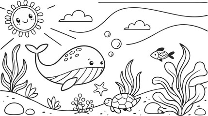 Ocean theme coloring page for kids. you can print it on standard paper. High resolution (300 DPI), ready to print on standard With No Bleed, Black and White Vector illustration AI, EPS, PNG, JPEG.