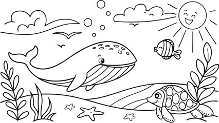 Ocean theme coloring page for kids. you can print it on standard paper. High resolution (300 DPI), ready to print on standard With No Bleed, Black and White Vector illustration AI, EPS, PNG, JPEG.