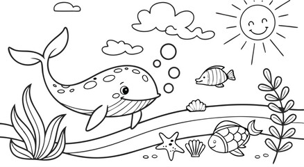 Ocean theme coloring page for kids. you can print it on standard paper. High resolution (300 DPI), ready to print on standard With No Bleed, Black and White Vector illustration AI, EPS, PNG, JPEG.