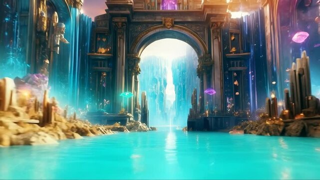 Fantasy scene with a flying drone through the portal of the lost underwater city of Atlantis 
