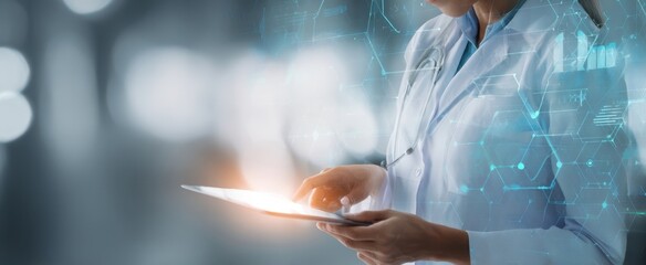 The doctor using a tablet with advanced digital technology in healthcare.