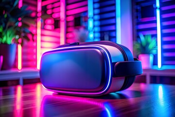 Virtual Reality Headset Neon Lit Desk