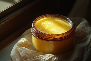 Homemade ghee in a container with a dark background