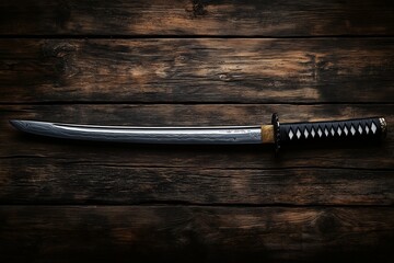 Long Katana sword on the brown wooden table background close up.