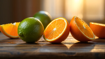 Citrus Harmony: A vibrant composition of sliced oranges and limes, showcasing the juicy freshness and vivid colors, presented on a rustic wooden surface bathed in warm sunlight.