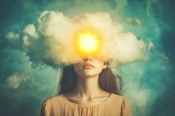 Woman with sun over clouds in her head. Mental health concept