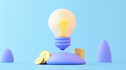 3D illustration of a glowing lightbulb above stacked coins, representing innovation and profit
