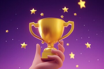 3d minimalistic winner's trophy.  Champion shiny gold cup, winner's award. 3d rendering illustration.