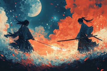 Anime-style samurai magic battle