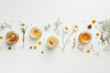 Composition of honey jars with honey sticks ,flowers and bee pollen on white background