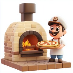 baker standing next to an open brick oven, holding a wooden peel with fresh pizza.