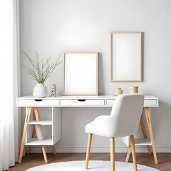 White chair and wood table in a minimalist home office with a window and natural light