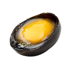 A CloseUp View of a Century Egg The Rich Dark Shell Encases a Vibrant Yellow Yolk Glistening with a Delicate Savory Glaze isolated on transparent background