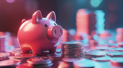 a piggy bank sitting on top of a pile of coins