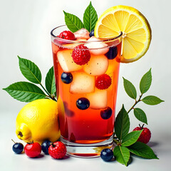 Refreshing berry iced tea with lemon and fruits on white background..