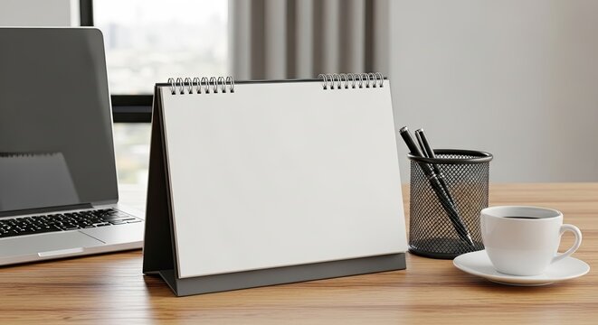 Wooden desk with blank calendar laptop coffee cup and stationery holder near window creating business atmosphere.