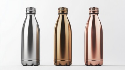 three different colored bottles on a white surface