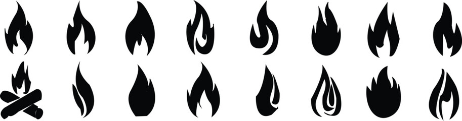 fire flat icons set,  flame silhouette of various shapes ,bonfire vector illustration, single line art