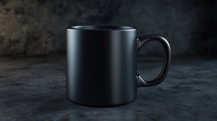 a black coffee mug sitting on a table