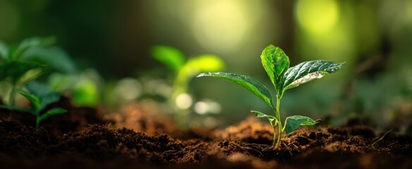 The young green plant growing in rich fertile soil under soft sunlight