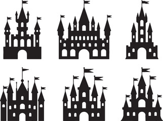 Six silhouettes of fairytale castles and forts