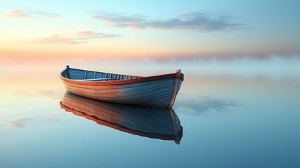 Serenity of a Lone Boat on Tranquil Water at Dawn's First Light