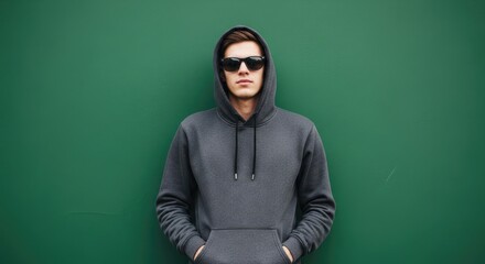 Portrait of a young man in sunglasses and a gray hoodie against a teal-green wall posing outdoors. The casual outfit includes a hood pulled up, and sunglasses give off a cool appearance.