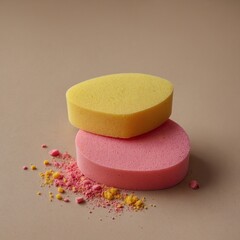 Pink and yellow makeup sponges neatly placed on a beige background.