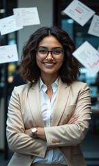 Obraz premium South Asian entrepreneur with shoulder-length curls and clear business glasses, smiling at floating partnership deals, symbolizing relational commerce, grounded vision