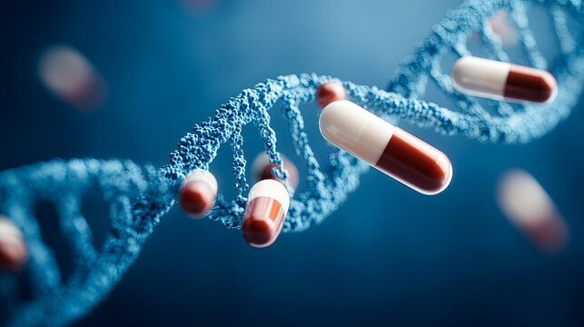 DNA strand with supplement capsules, sci-fi blue background,