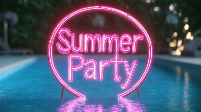 Neon sign glowing at poolside, signaling a lively summer party atmosphere during a warm evening with friends gathering