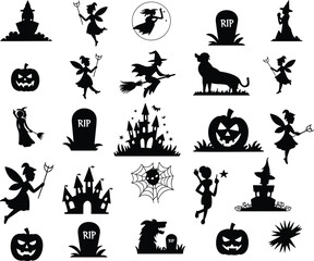 Obraz premium High-quality Halloween vector illustration featuring spooky and fun design elements including ghosts, jack-o'-lanterns, bats, witches, skulls, and spider webs. Perfect for seasonal design projects suc