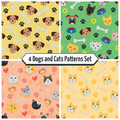 Dogs and Cats Patterns Set - 4 Patterns with Footprints, Bones, Foods and more on Colored Backgrounds. Seamless Link.
