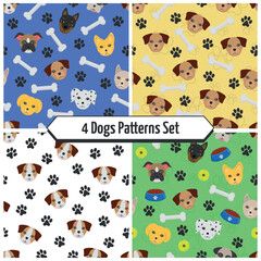 Dogs Patterns Set - 4 Dog Patterns with Footprints, Bones, Dog Food and Balls on Colored Backgrounds. Seamless Link.