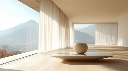 Modern Minimalist Interior with Large Windows and Scenic Mountain View