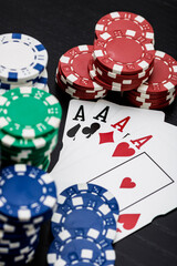 Casino chips and cards on the table. Gambling concept