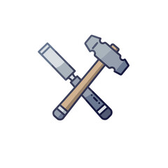 Craftsman tools hammer and chisel crossed in flat design illustration. Minimalistic vector icon, linear gradient. Modern design for interfaces and web design on history and culture theme.